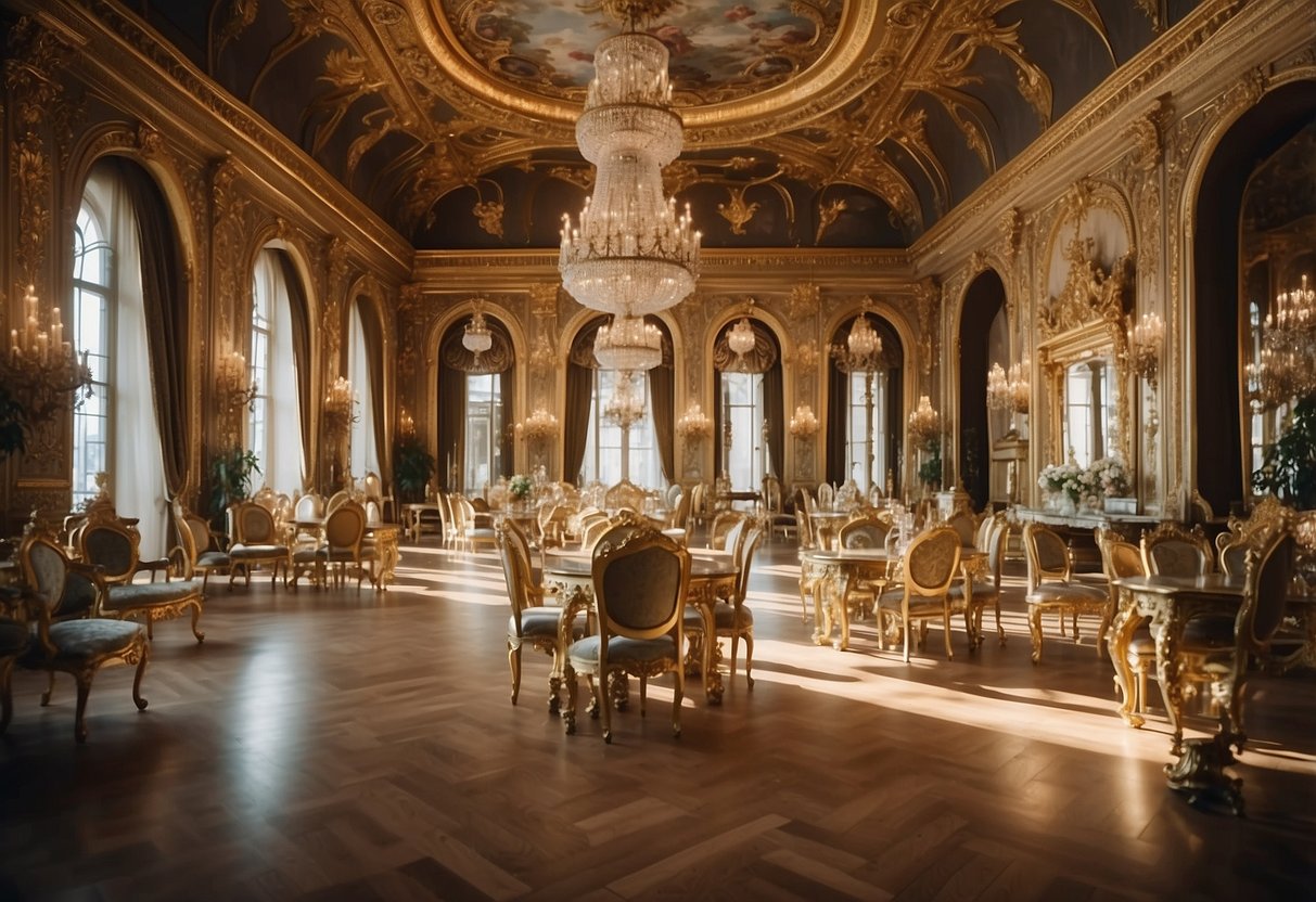A grand ballroom filled with ornate baroque furniture, including intricately carved chairs, gilded tables, and luxurious chandeliers