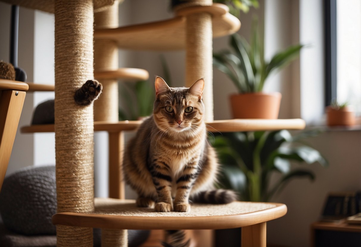 A cat climbs a multi-tiered cat tree in a sunny room, surrounded by various scratching posts and cozy hideaways