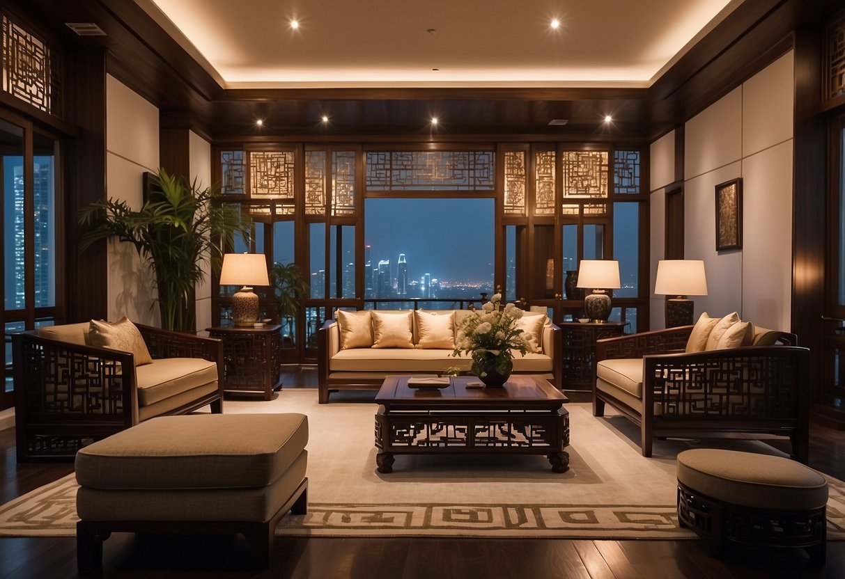 A luxurious living room filled with intricately carved Chinese rosewood furniture, set against the backdrop of modern Singapore