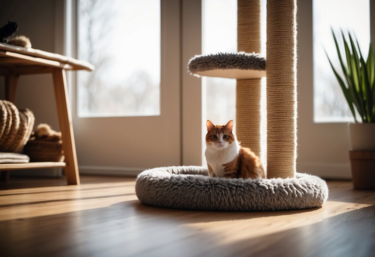A cozy living room with a tall scratching post, soft cat bed, and a sturdy cat tree by the window. Toys and treats are scattered around the room
