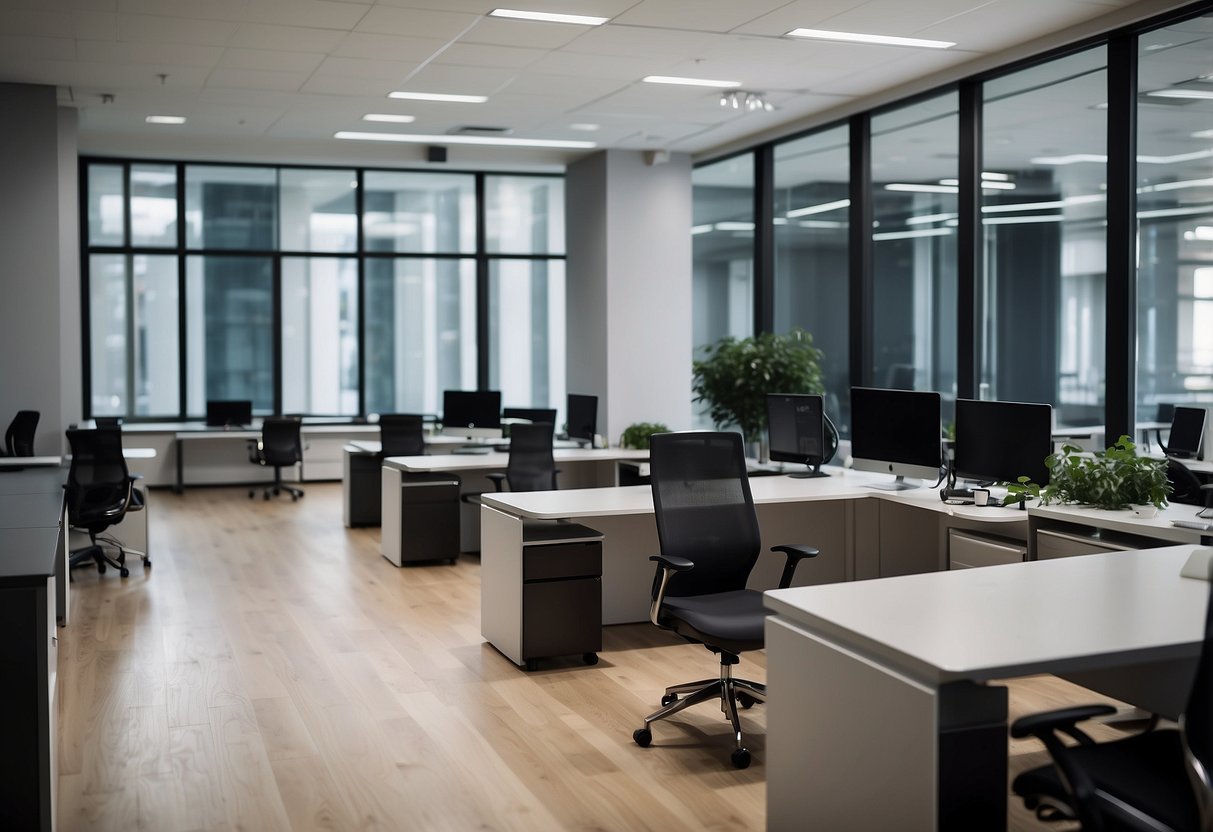 A modern office space with sleek, ergonomic chairs and minimalist desks. Clean lines and neutral colors dominate the scene, creating a professional and inviting atmosphere