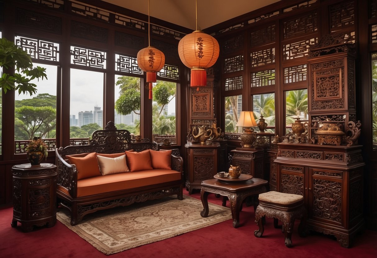 A room filled with intricate Chinese rosewood furniture, showcasing ornate carvings and deep red-brown hues, set against a backdrop of traditional Singaporean architecture