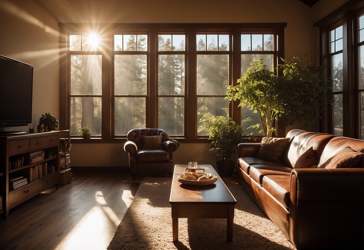 A cozy living room with cherry wood furniture, including a coffee table, bookshelves, and a dining set. Sunlight streams in through the window, casting warm, inviting shadows
