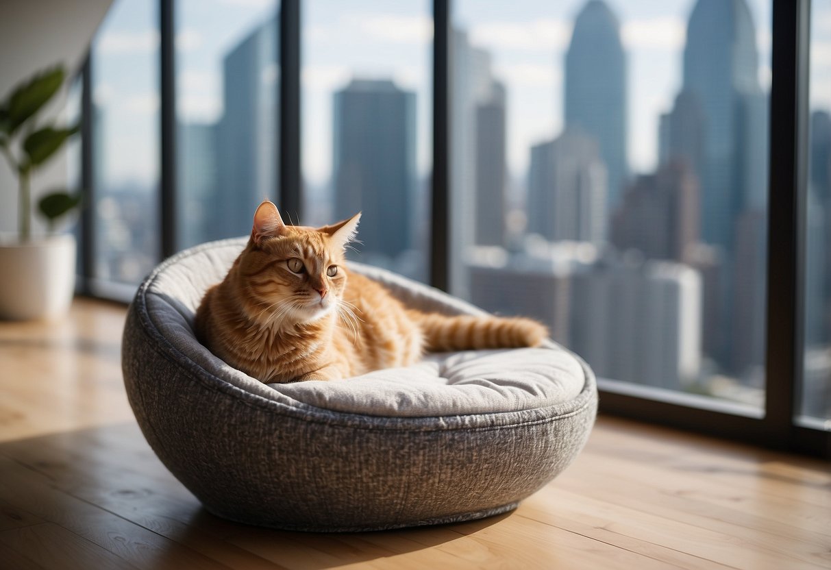 A cat lounges on a modern, sleek cat tree in a bright and spacious living room with floor-to-ceiling windows overlooking the city skyline