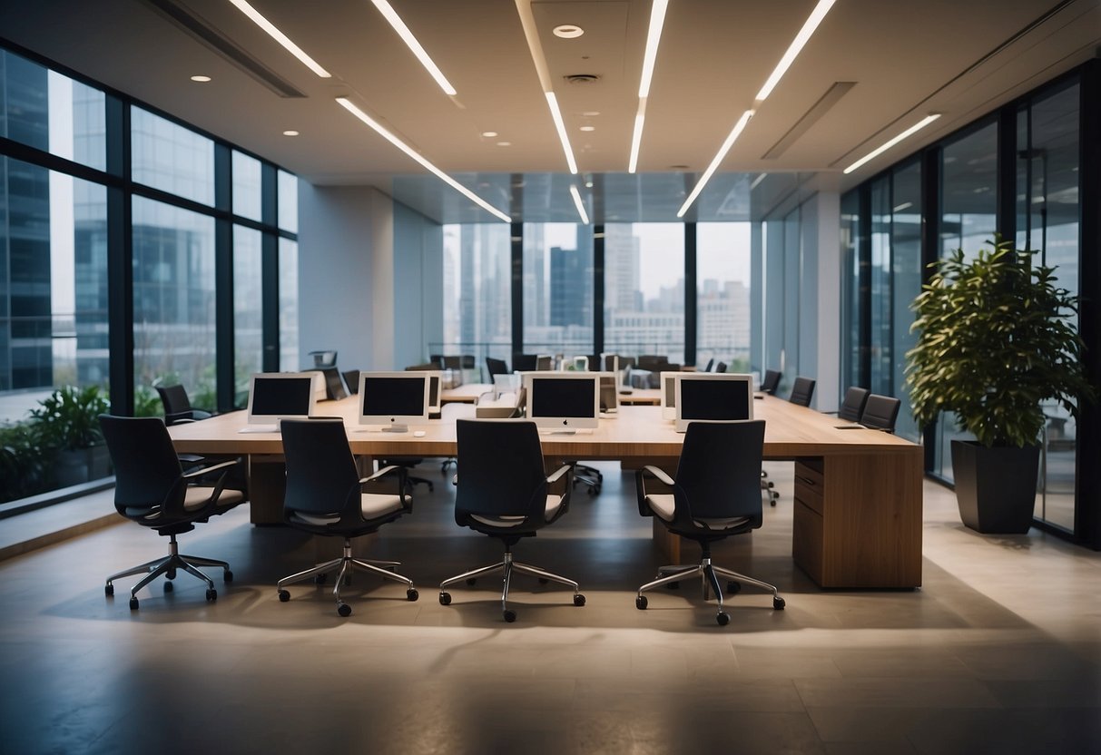 A modern office setting with sleek, ergonomic chairs and desks, a conference table, and stylish lighting fixtures. The space exudes professionalism and functionality