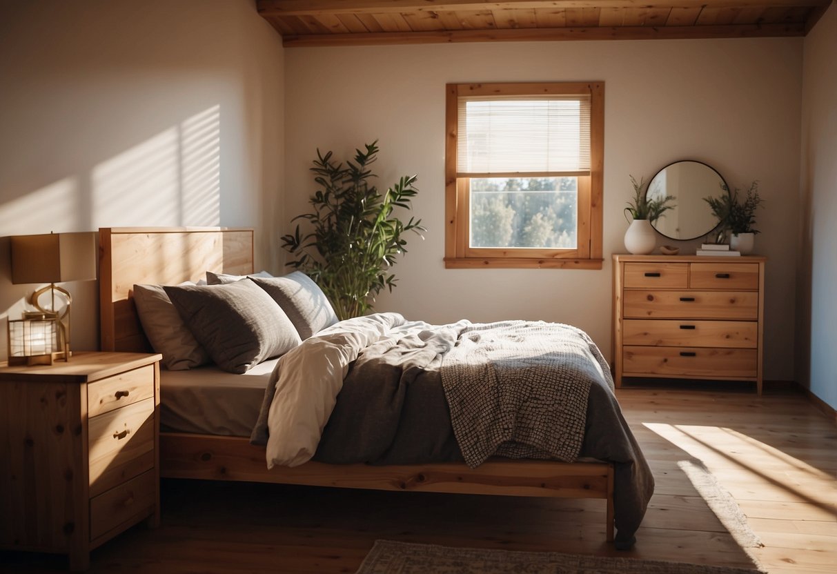 A cozy bedroom with pine furniture, including a bed, nightstand, and dresser. Sunlight filters through the window, casting warm shadows on the wood