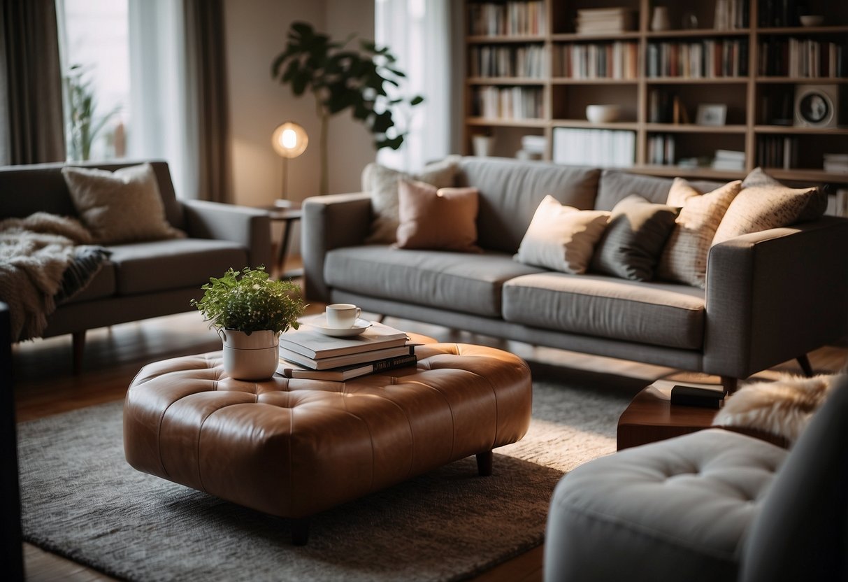 A cozy living room with pouf furniture arranged around a low coffee table, soft lighting, and a bookshelf in the background