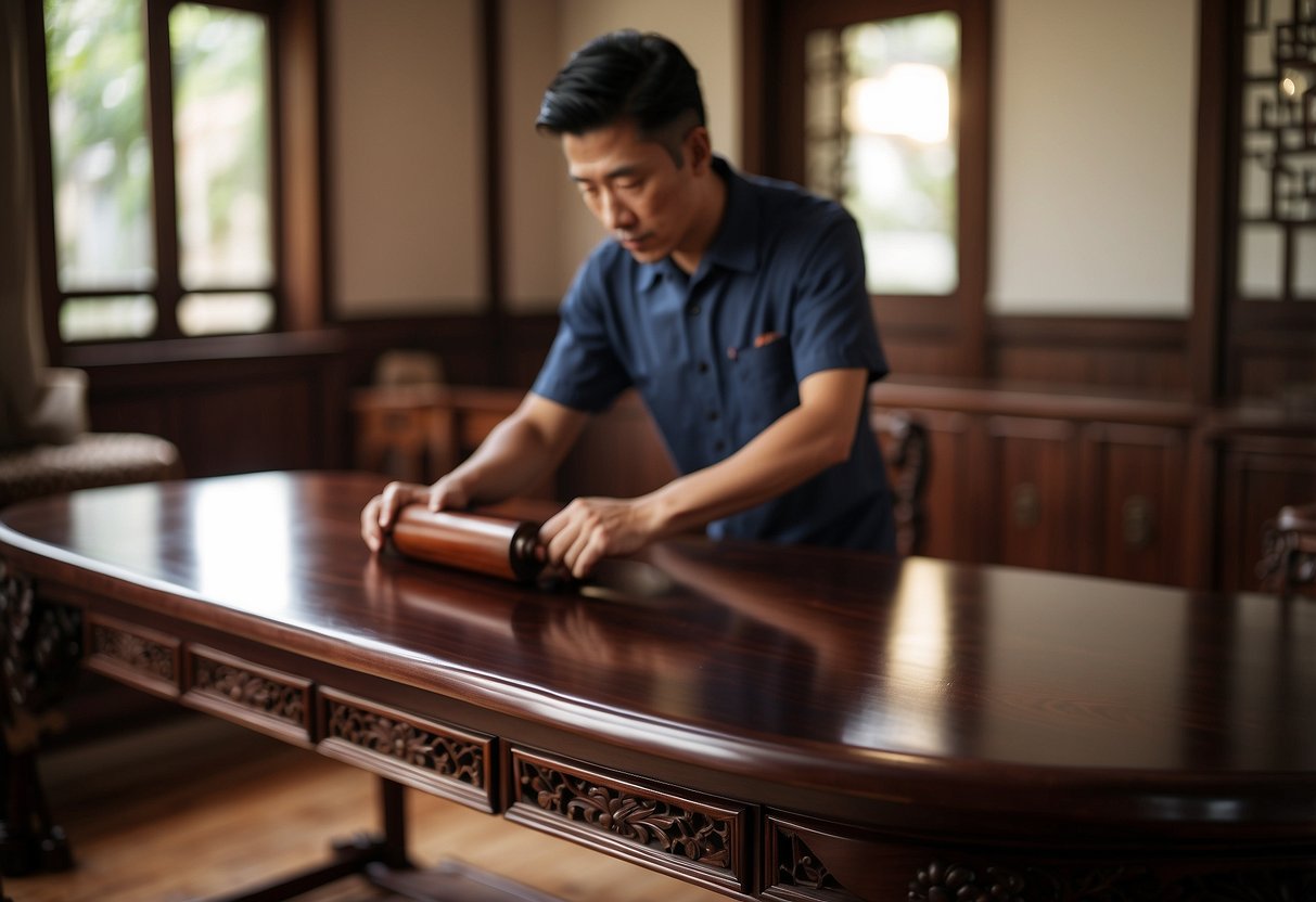 A hand polishing a gleaming rosewood table with a soft cloth, surrounded by elegant Chinese rosewood furniture in a well-lit room