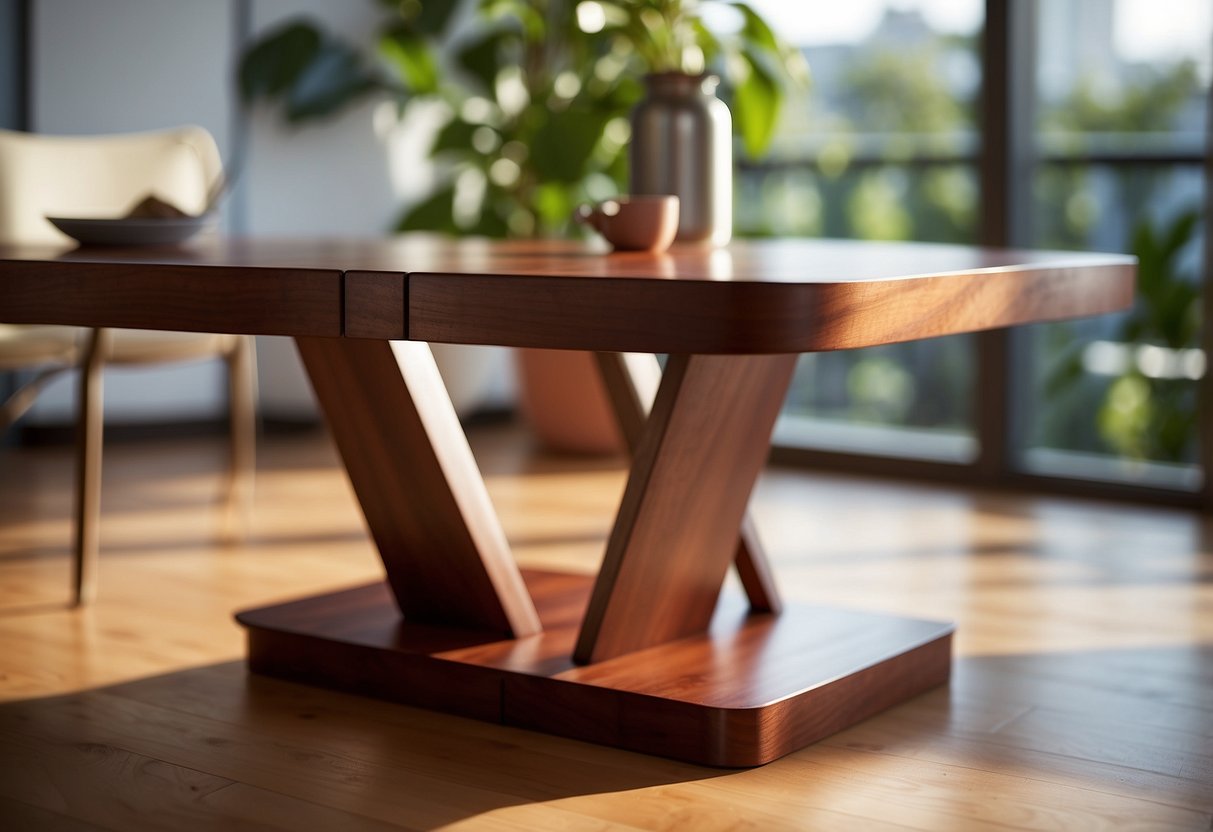 A table made of cherry wood stands in a sunlit room, its rich, reddish-brown hue glowing. The wood grain is visible, adding depth and texture to the piece