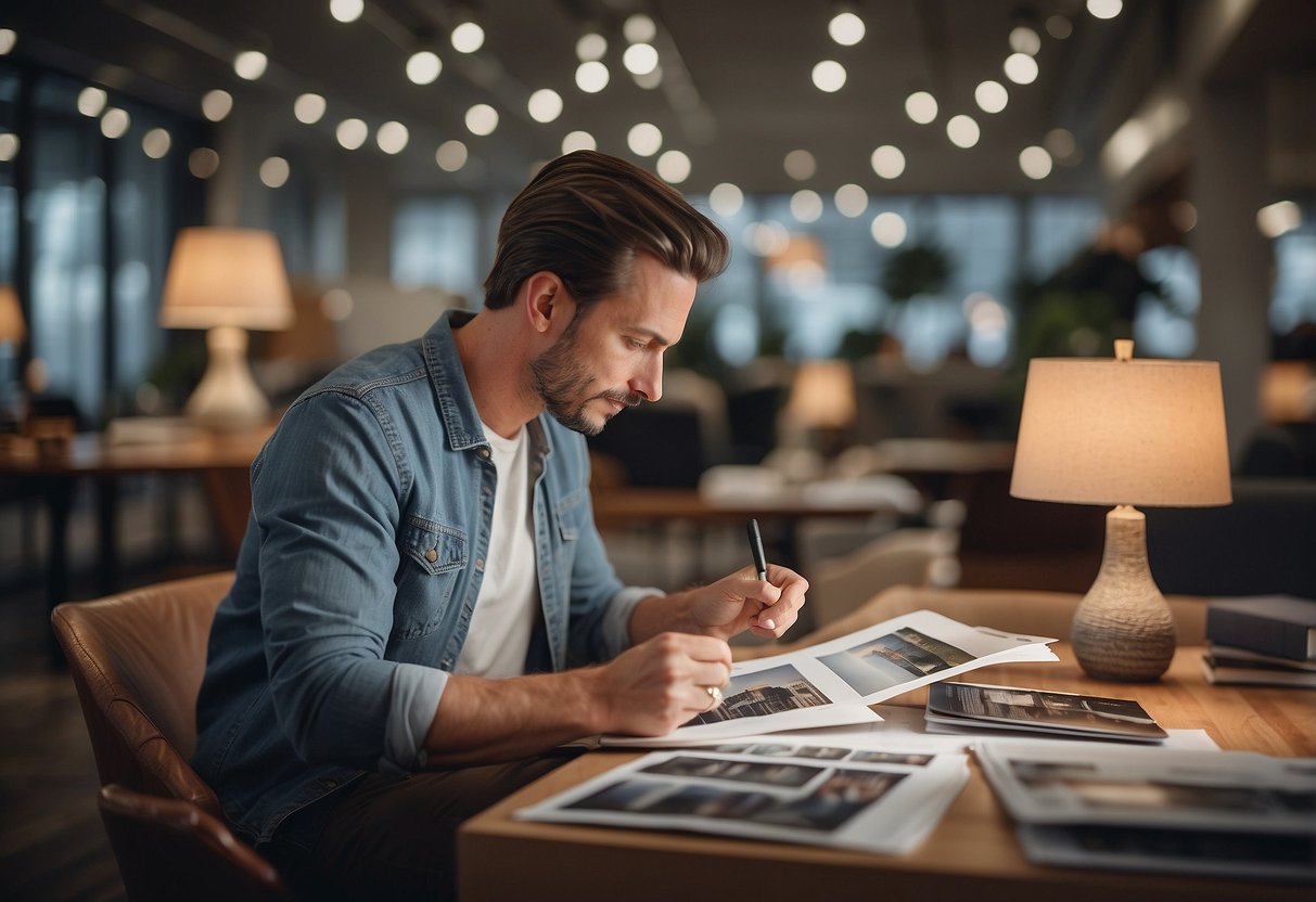 A designer browsing through catalogs of contract furniture, comparing styles and features