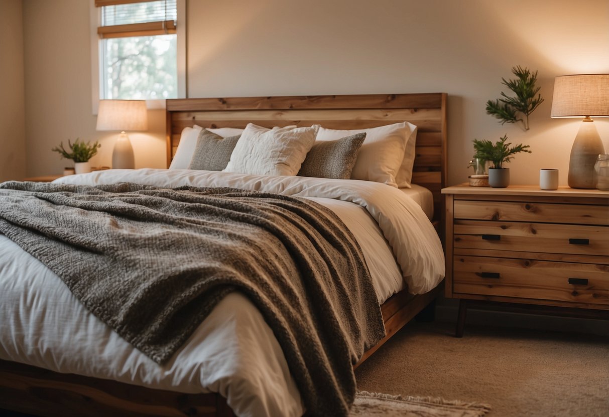 A cozy bedroom with pine furniture: bed, nightstands, dresser, and mirror. Soft lighting, warm colors, and nature-inspired decor create a peaceful atmosphere