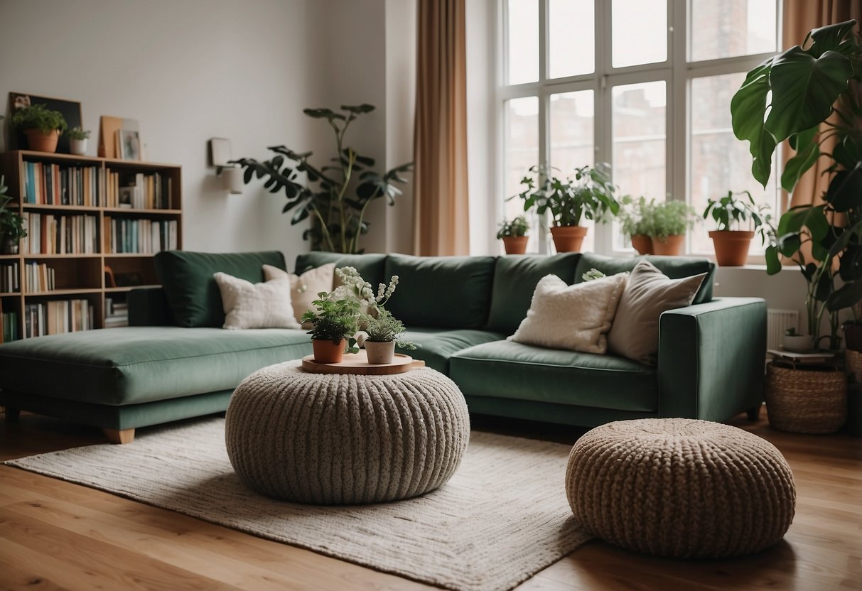 A cozy living room with a large pouf in the center, surrounded by books and plants, creating a warm and inviting atmosphere