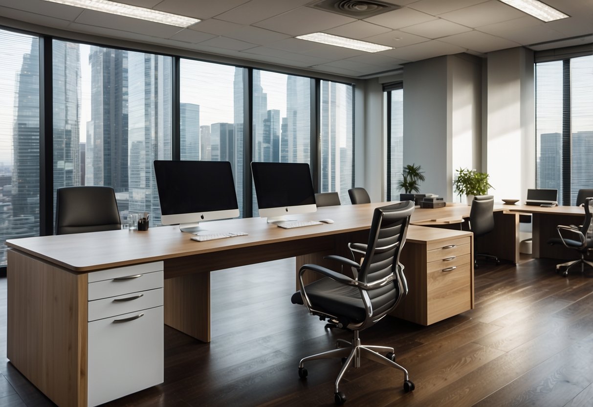 A modern office setting with a sleek desk and chair, surrounded by various types of contract furniture such as tables, cabinets, and seating options