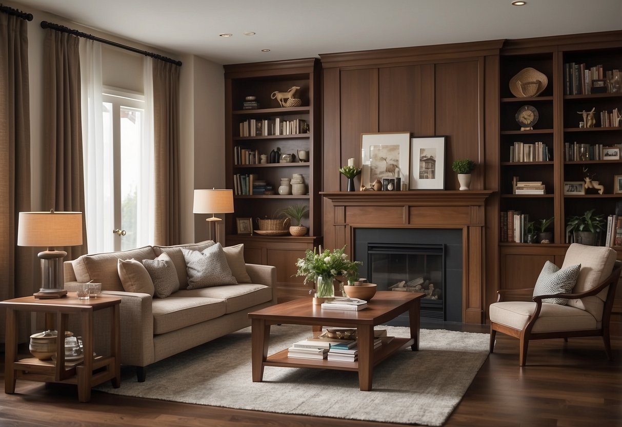 A cozy living room with cherry wood furniture, including a coffee table, bookshelves, and a dining set, adding warmth and elegance to the space