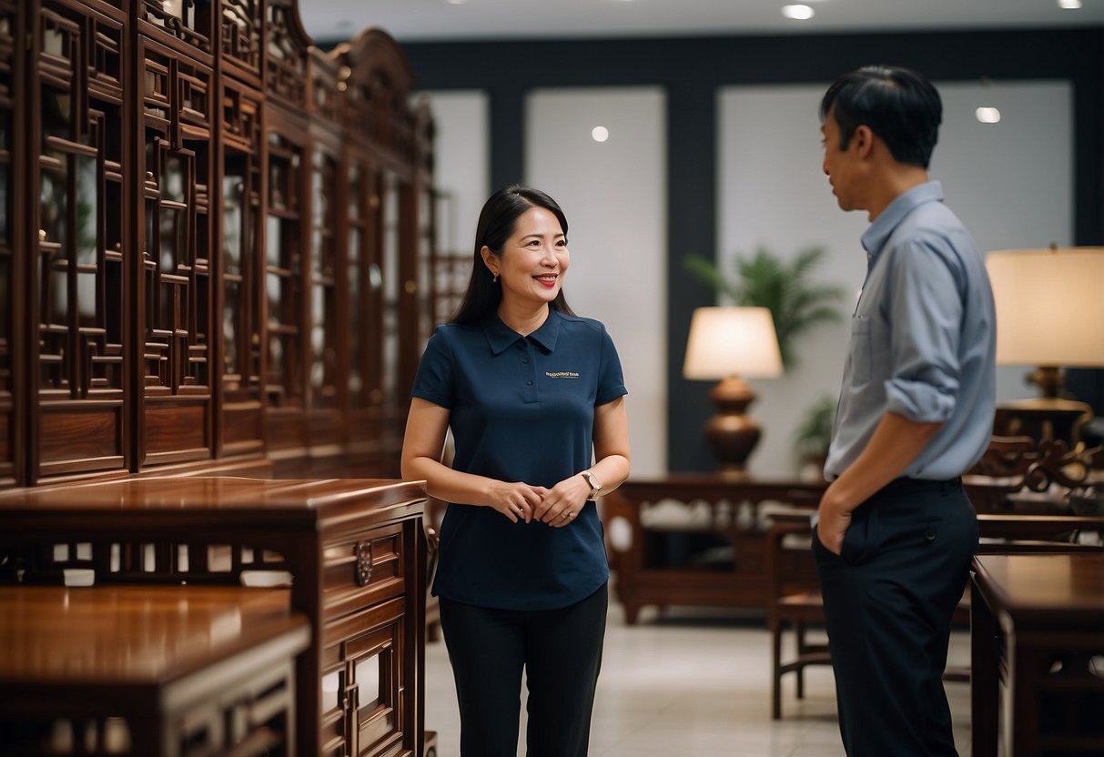 A customer browsing through a showroom of elegant Chinese rosewood furniture in Singapore, with staff on hand to answer frequently asked questions