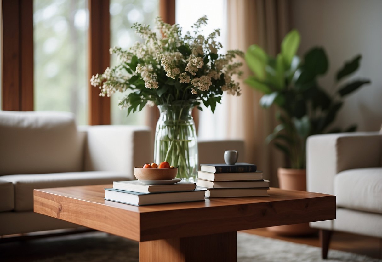 A cozy living room with a sleek cherry wood table surrounded by comfortable chairs. A stack of books and a decorative vase sit on the table, creating a warm and inviting atmosphere