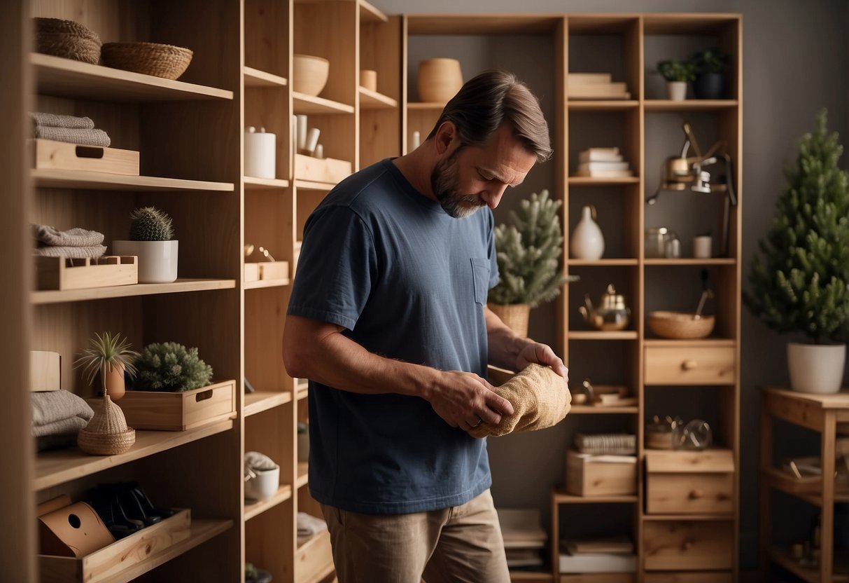 A person dusts pine bedroom furniture with a soft cloth, then arranges decorative items on the shelves. They take note of any scratches or dents for future maintenance