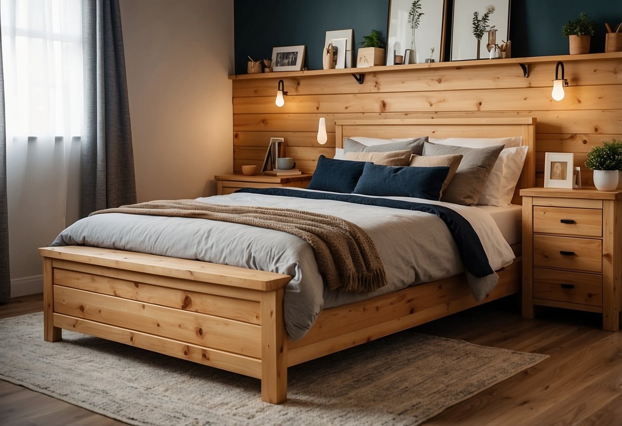 A cozy bedroom with pine furniture arranged neatly. A bed with a matching headboard, a dresser, and a nightstand create a warm and inviting atmosphere