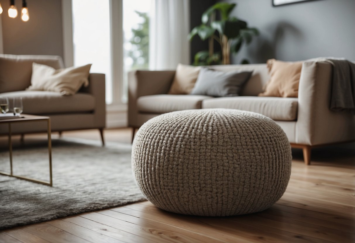 A cozy living room with a modern pouf as the focal point. The pouf is placed next to a comfortable armchair, adding a stylish and functional touch to the space