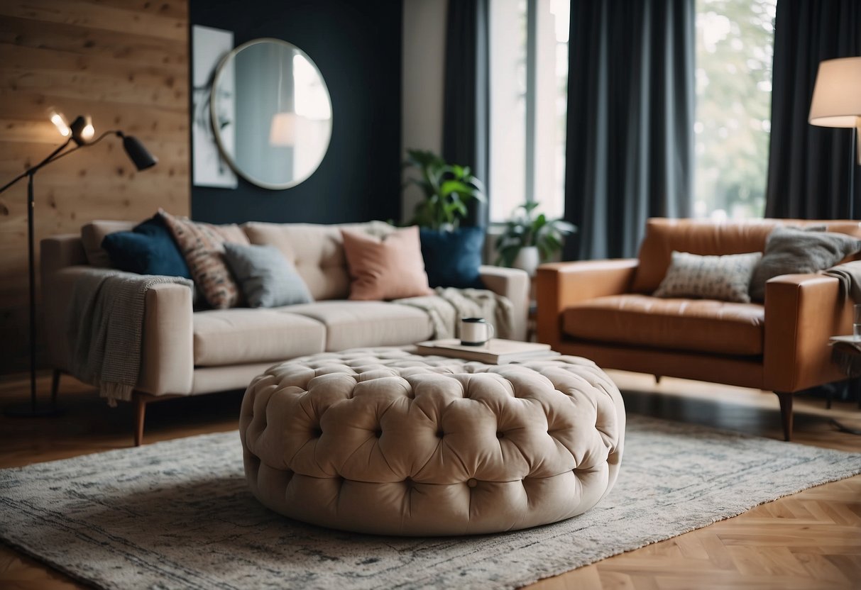 A cozy living room with a modern pouf furniture piece as the focal point, surrounded by a warm rug and a few decorative items