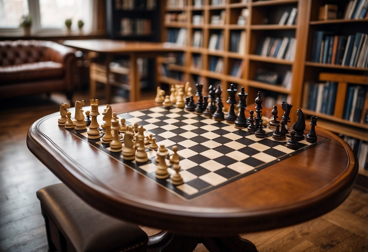 A wooden chess table with two chairs, set with a classic chess board and pieces, surrounded by bookshelves and a cozy fireplace