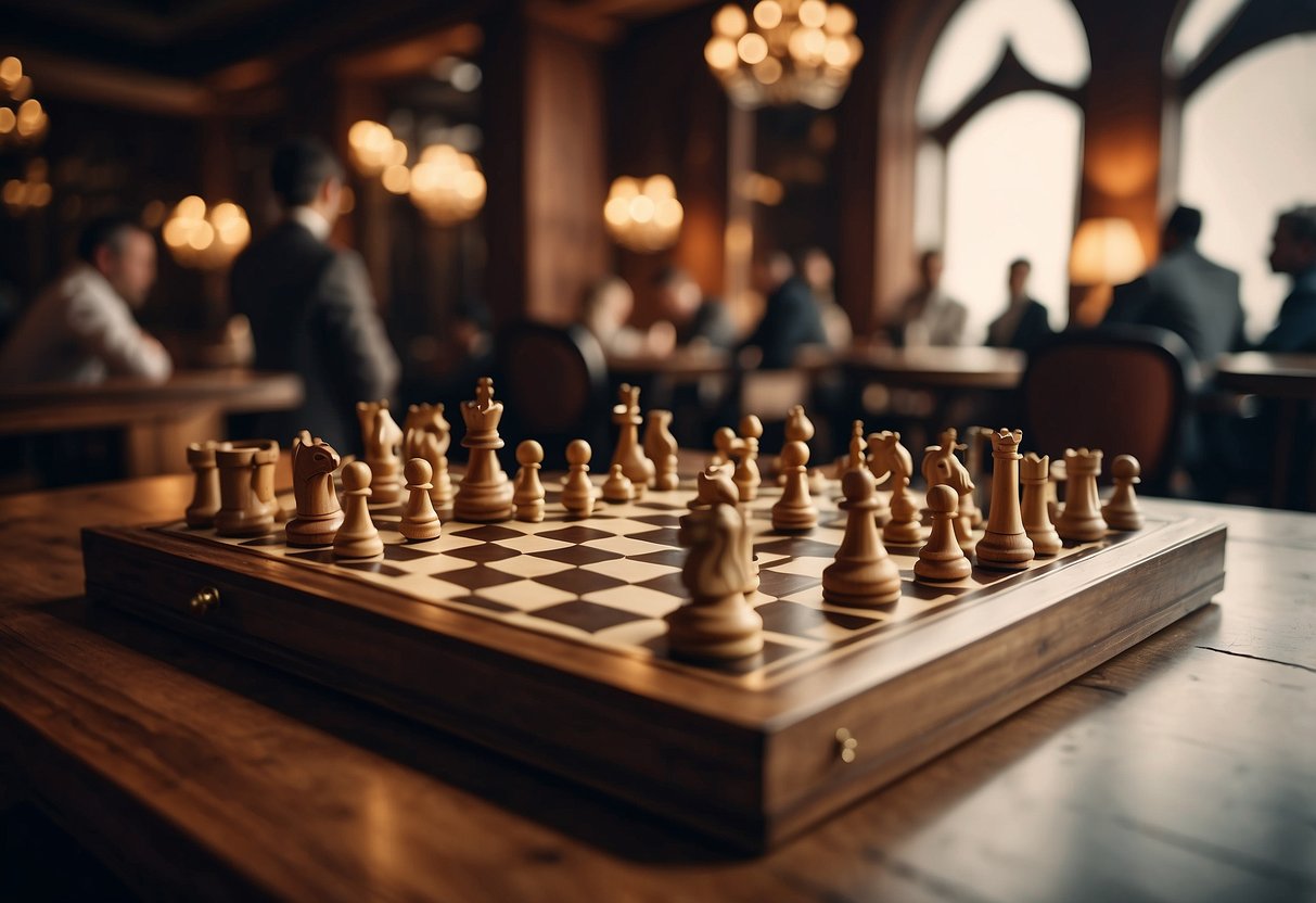 Players move chess pieces on elegant wooden tables under soft lighting. Intricate carvings adorn the furniture, creating a regal atmosphere