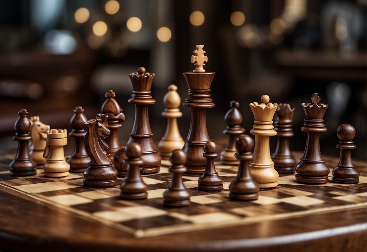 A grand wooden table displays various ornate chess sets and accessories, surrounded by elegant chess furniture and decorative pieces