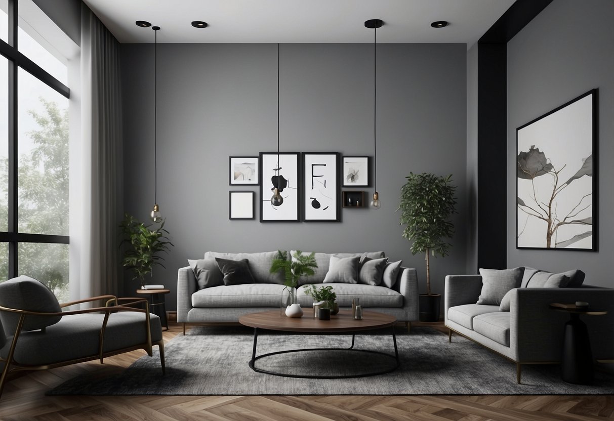 A room with light gray walls and dark gray furniture
