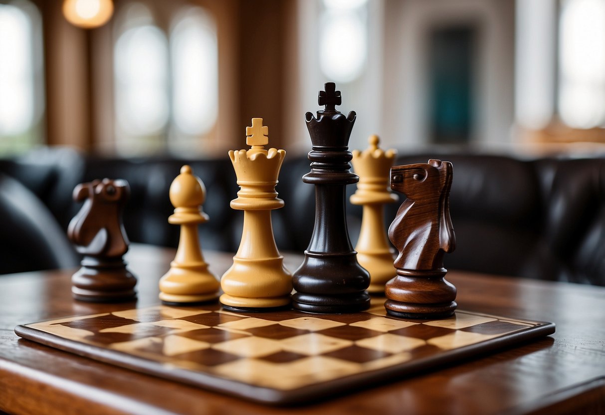 A chessboard sits atop a polished wooden table, surrounded by two ornate chairs. A stack of rule books and a set of chess pieces are neatly arranged on the table