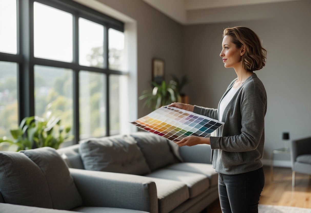 A person is standing in a room with grey furniture, holding up swatches of different wall colors to compare against the furniture. The room is well-lit, with natural sunlight streaming in through the windows