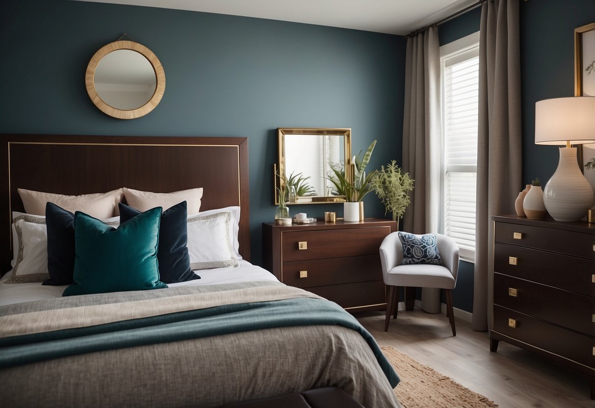 A bed is positioned diagonally from the door, with nightstands on each side. A dresser and mirror are placed opposite the bed, creating a balanced and harmonious furniture arrangement