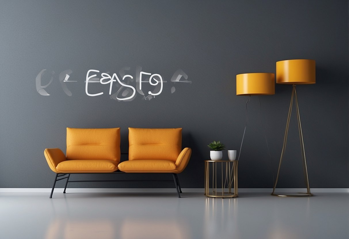 A room with gray furniture against a wall of FAQ text in a complementary wall color