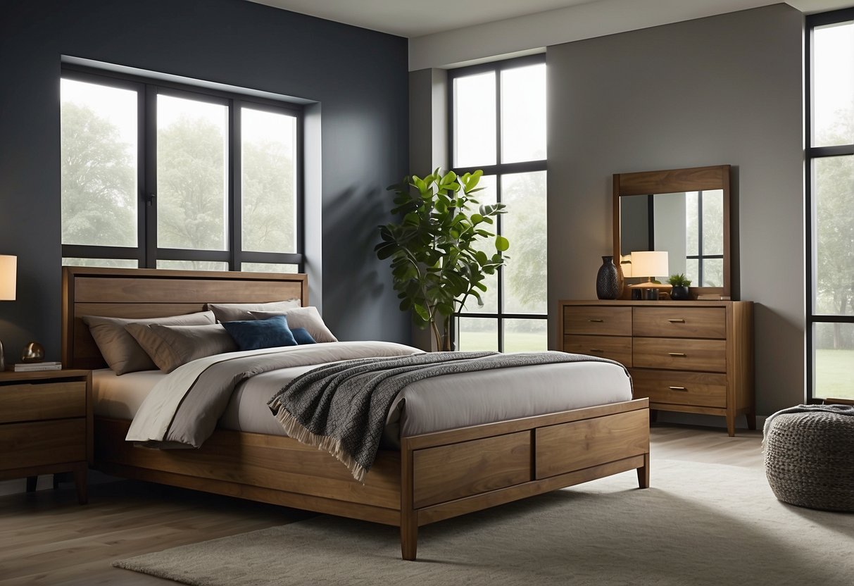A bed is positioned diagonally from the door, with a solid headboard and bedside tables on each side. A dresser is placed against a solid wall, and there is ample space for movement and energy flow