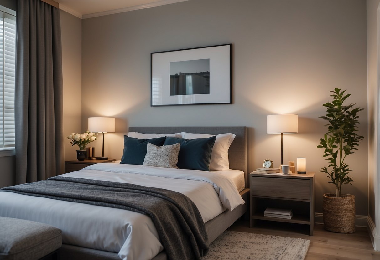 A bed centered on a solid wall, flanked by matching nightstands with soft lighting. A comfortable reading chair in a corner with a small table. An uncluttered and balanced layout with calming colors