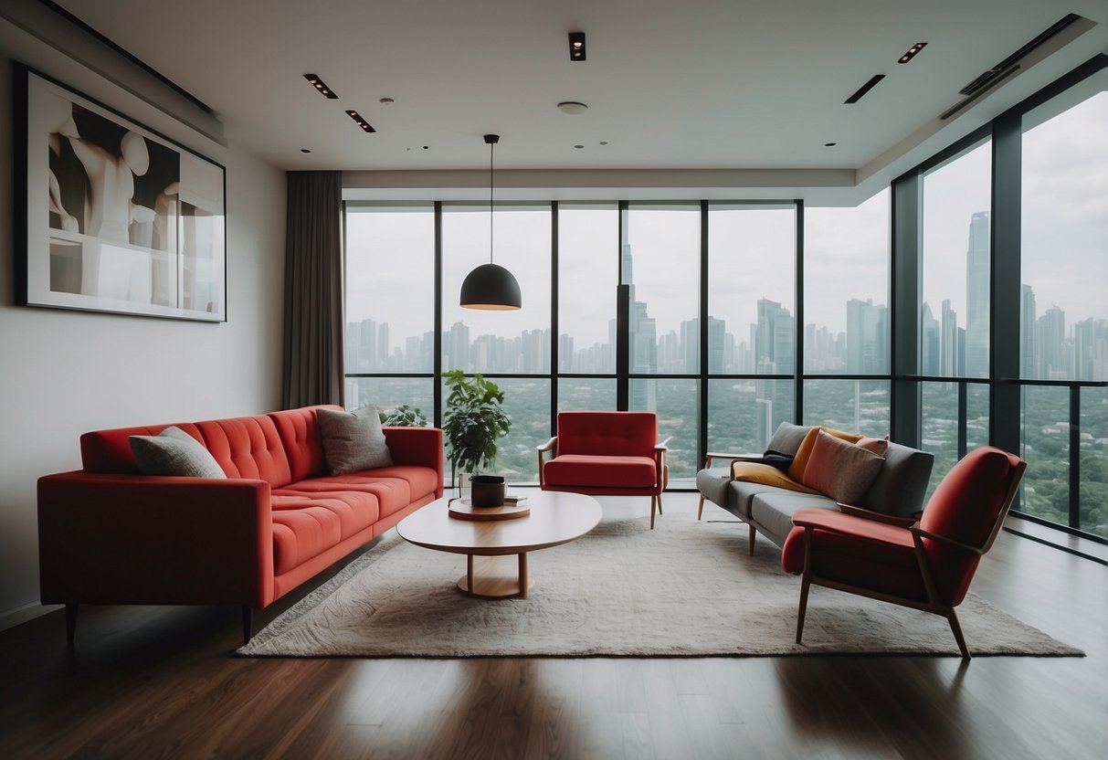 A modern living room with sleek red dot furniture in Singapore