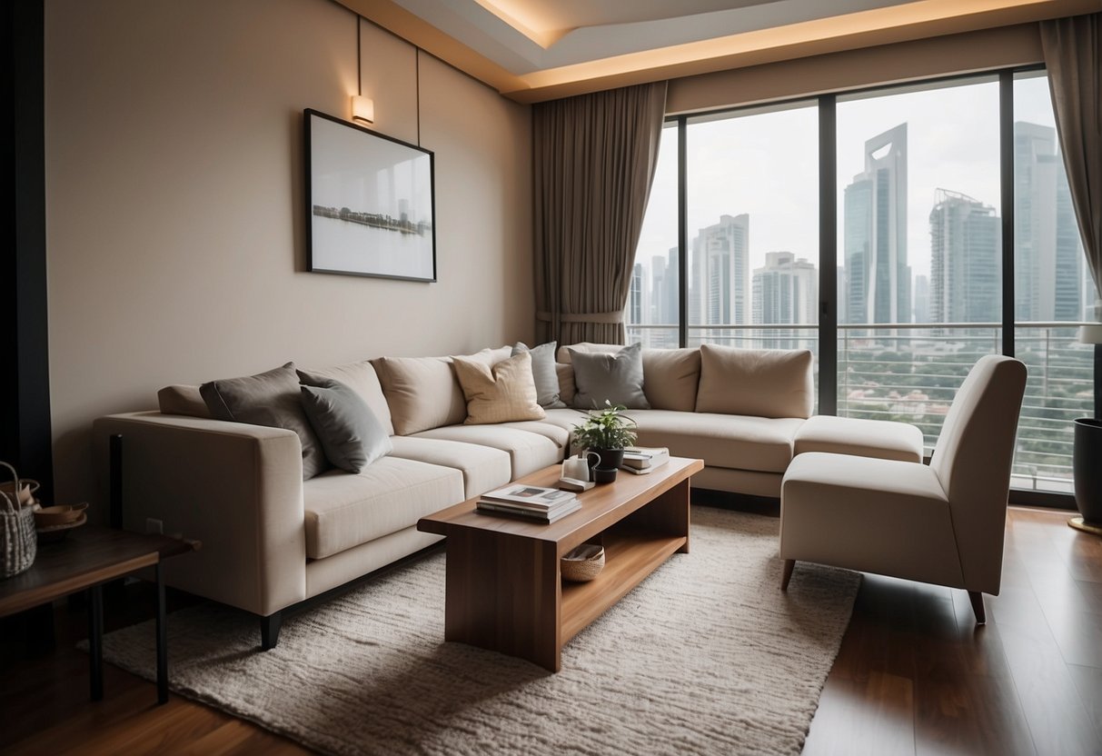 A cozy living room with affordable, high-quality furniture in Singapore. Simple, modern design with clean lines and neutral colors