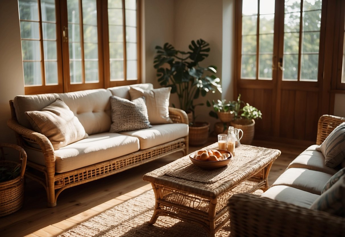 A cozy living room with rattan furniture, including a sofa, coffee table, and armchair. Sunlight streams in through the window, casting a warm glow on the natural material