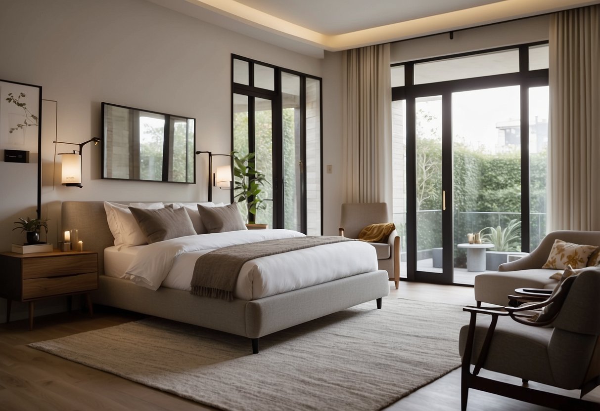 A well-organized bedroom with a balanced furniture arrangement following feng shui principles. Bed positioned diagonally from the door, with nightstands on each side and a clear pathway to move around