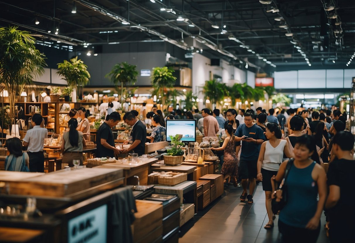 A bustling furniture market in Singapore, with rows of affordable and stylish pieces on display. Shoppers browse through the selection, while vendors chat with potential customers