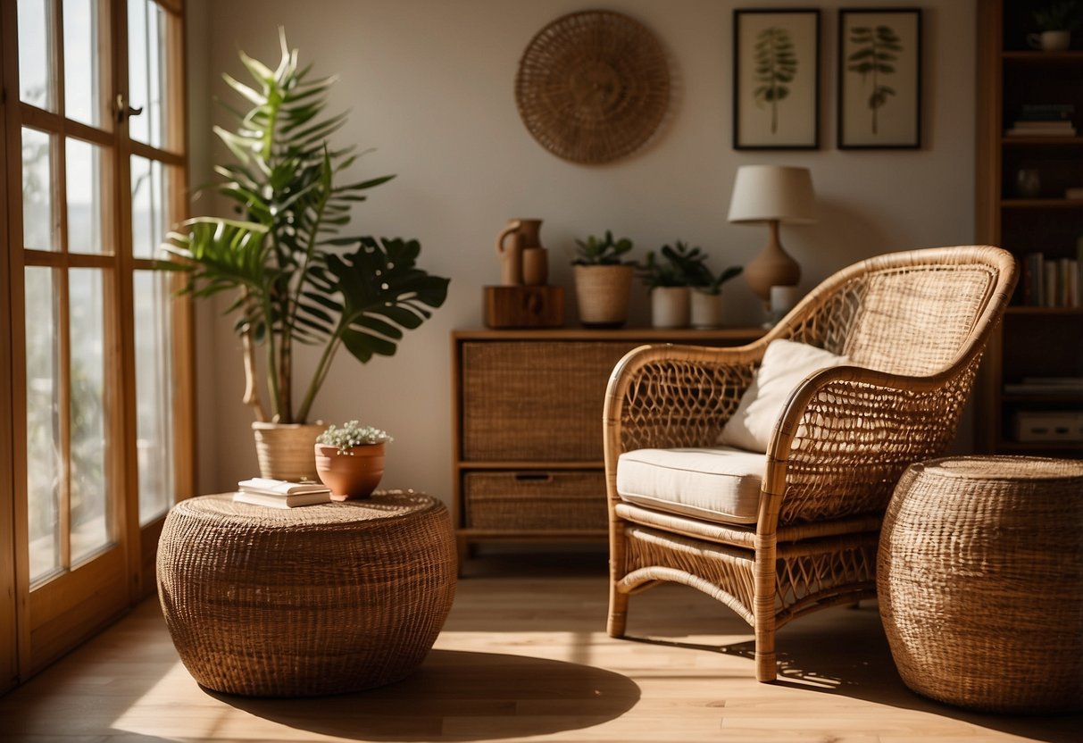 A cozy living room with rattan furniture, including a stylish armchair, a coffee table, and a bookshelf. Sunlight streams in through the window, casting warm shadows on the natural, earthy tones of the rattan