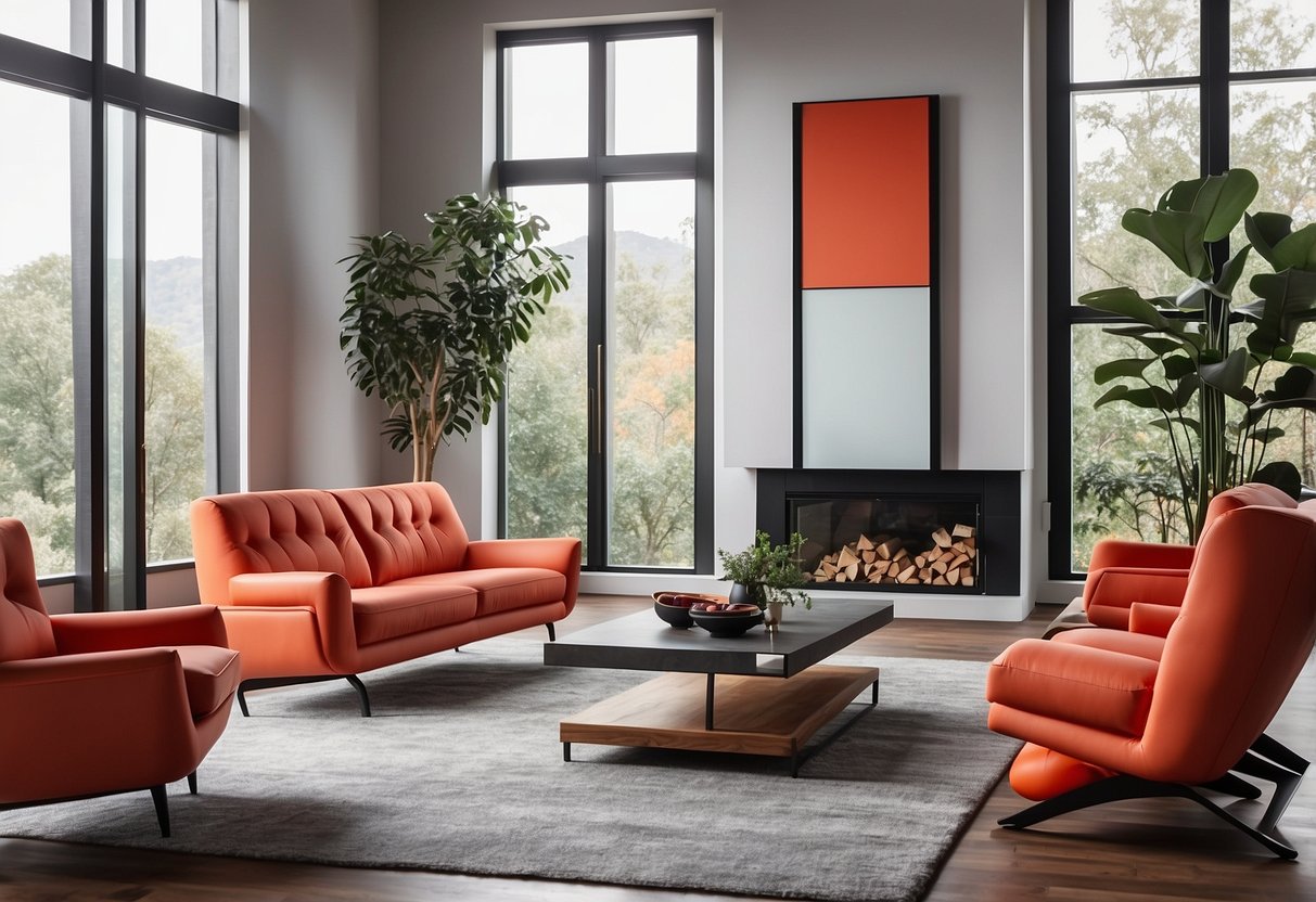 A modern, minimalist living room with sleek red dot award-winning furniture, clean lines, and a pop of vibrant color