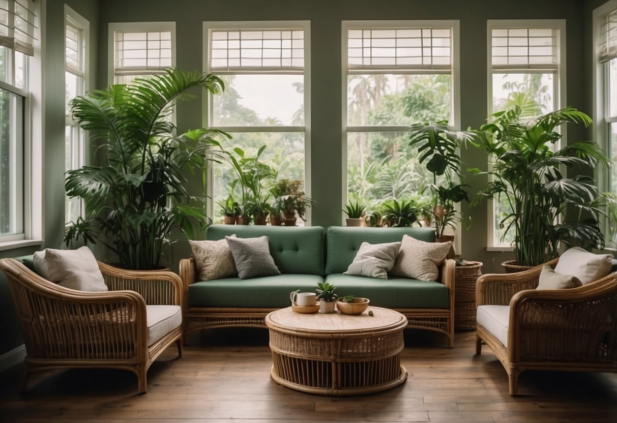 A cozy living room with rattan furniture, surrounded by lush green plants and natural light streaming in through the windows