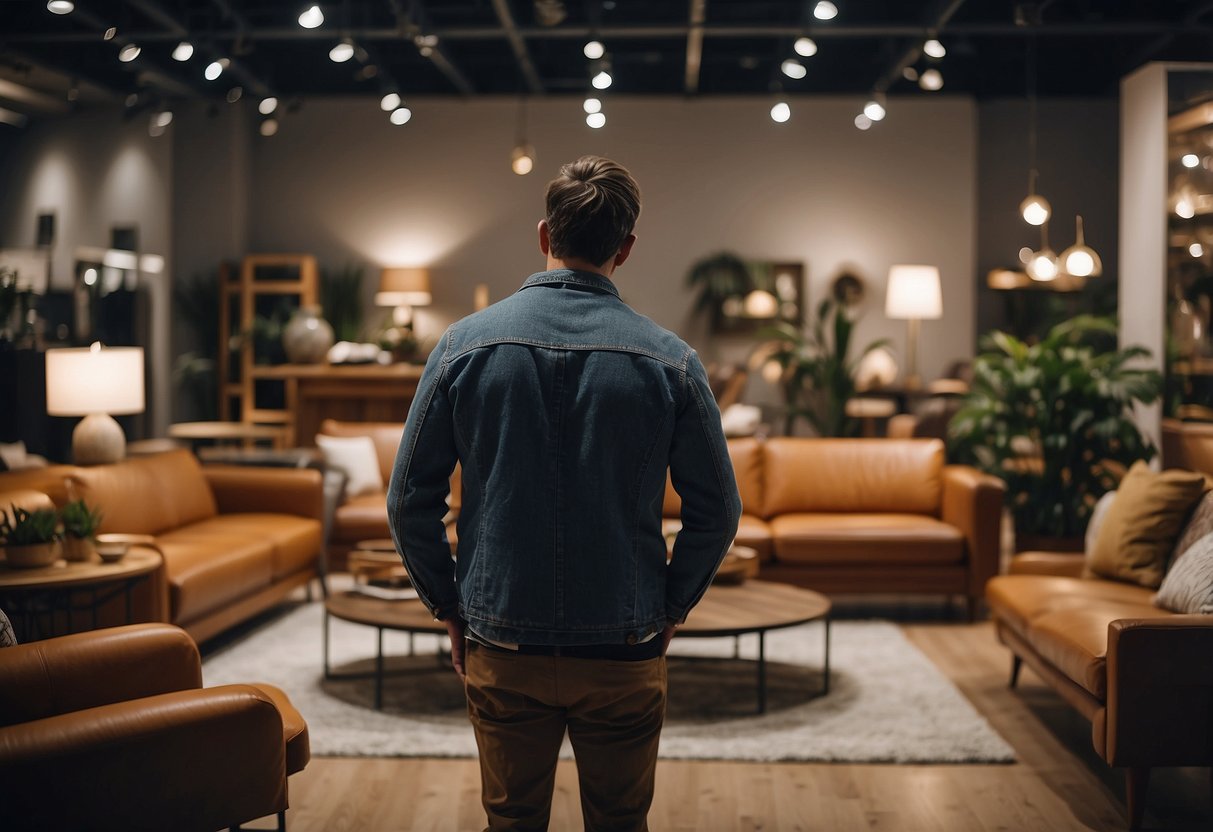 A person browsing through various furniture pieces in a showroom, carefully inspecting and selecting the right items for their home