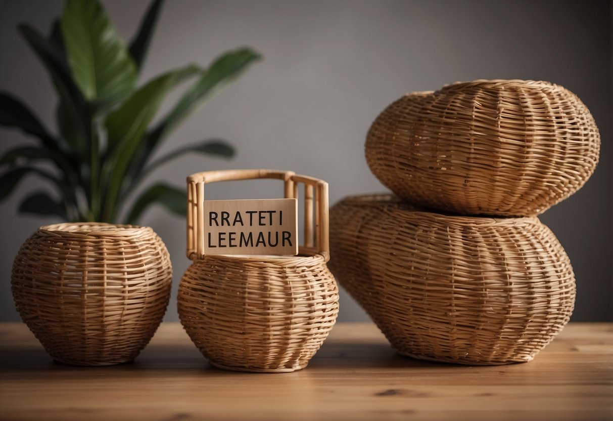 A stack of rattan furniture pieces with a sign reading "Frequently Asked Questions about Rattan for Furniture" displayed prominently