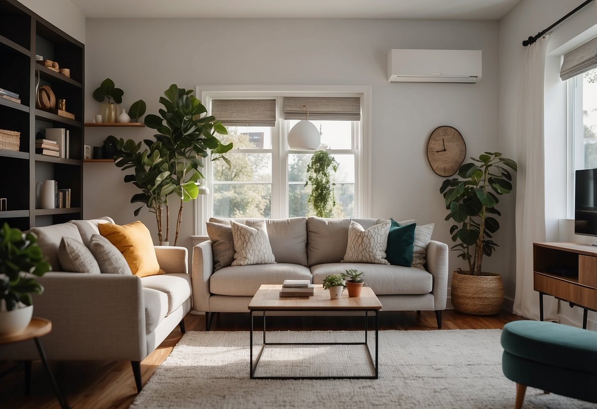 A cozy living room with modern, affordable furniture. A customer service representative answering questions. Bright, welcoming atmosphere