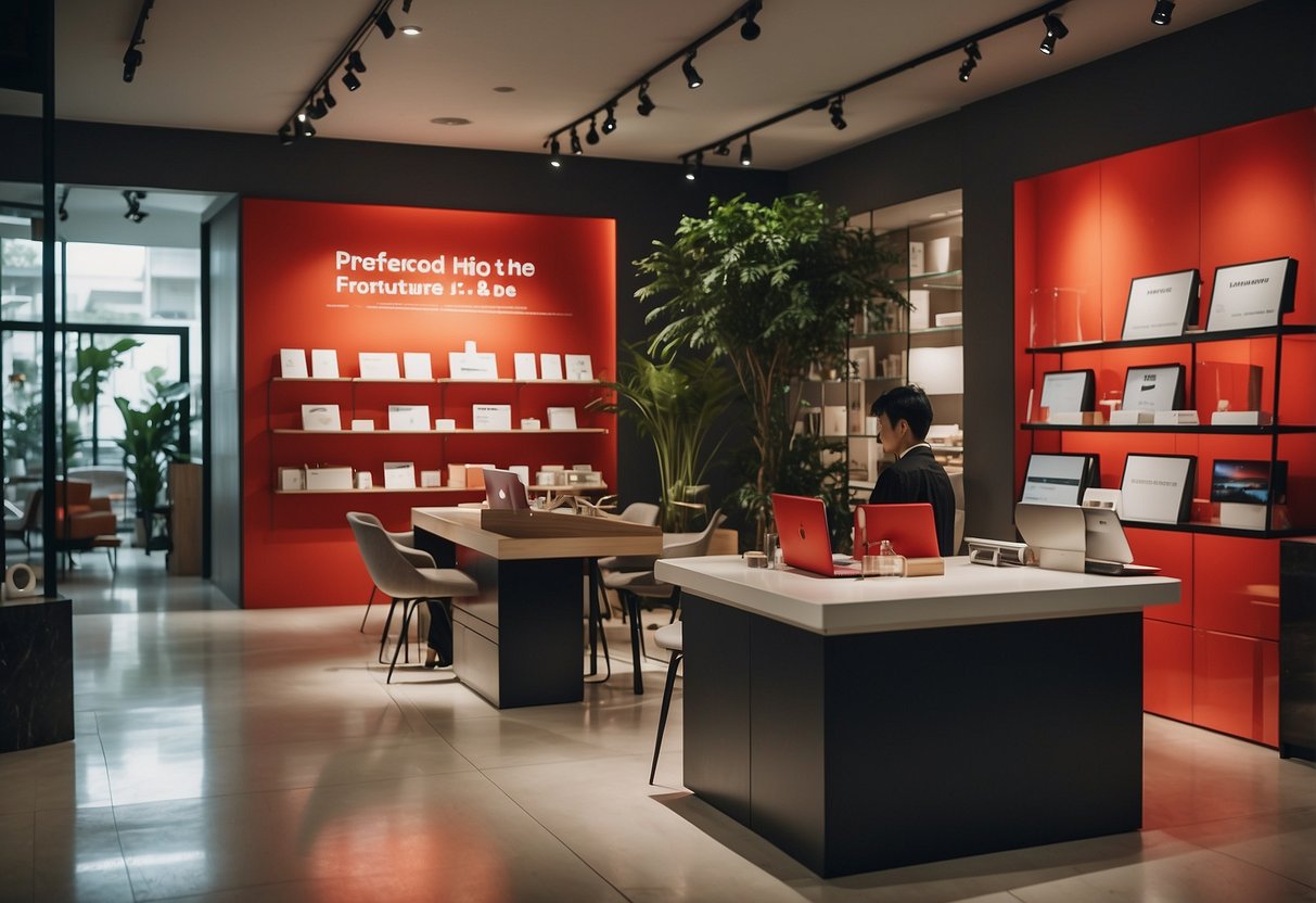 A red dot furniture store in Singapore with customers browsing and staff assisting. Bright, modern displays and a clean, organized layout