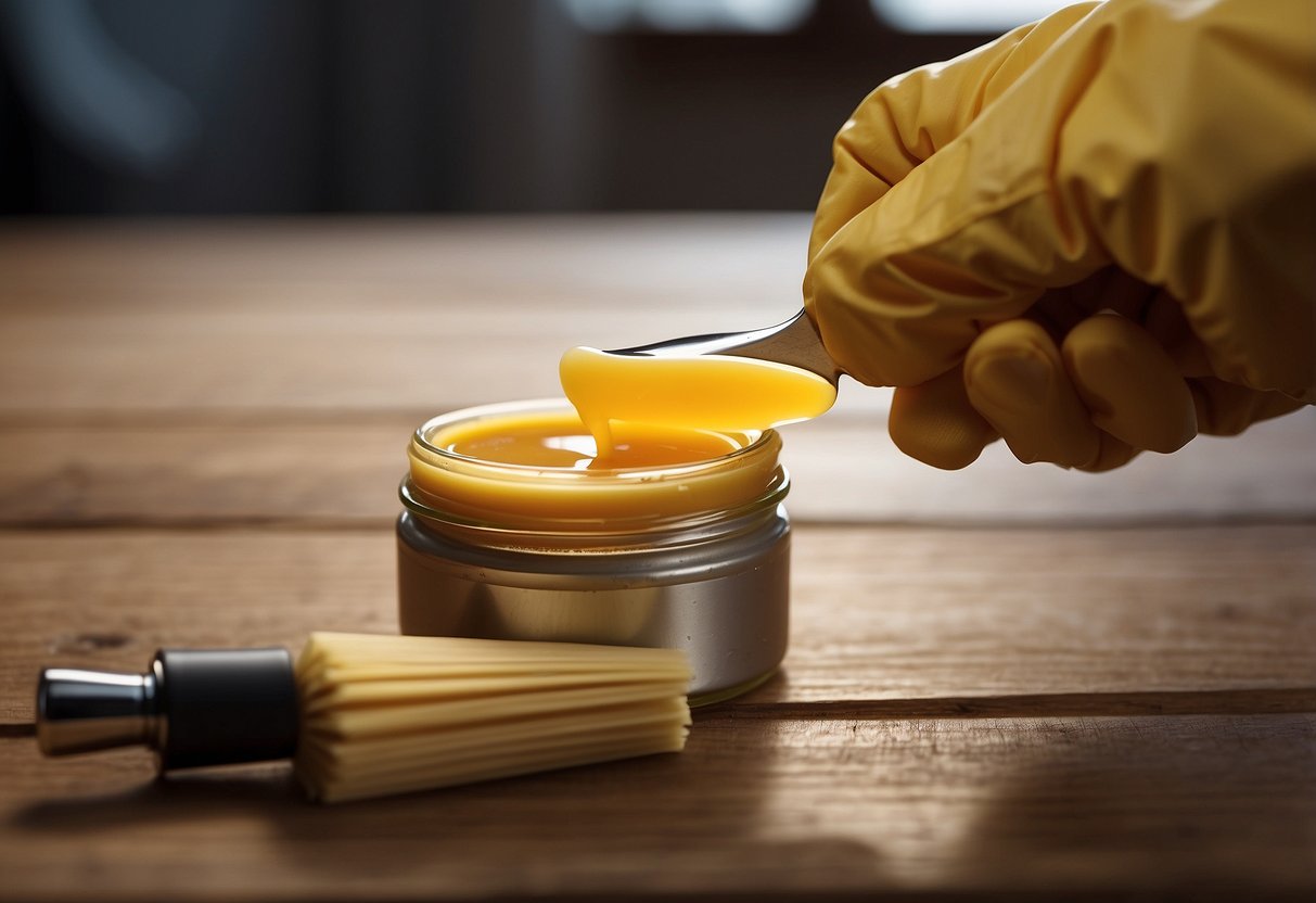 Beeswax furniture polish being applied to a wooden table, with a soft cloth buffing the surface to a rich, smooth shine