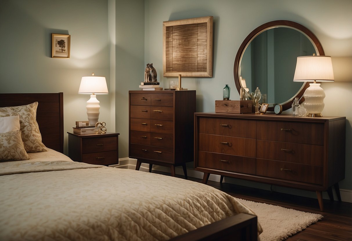 A 1950s bedroom with a matching set of vintage furniture, including a sleek dresser, a low-profile bed, and a vanity with a large mirror