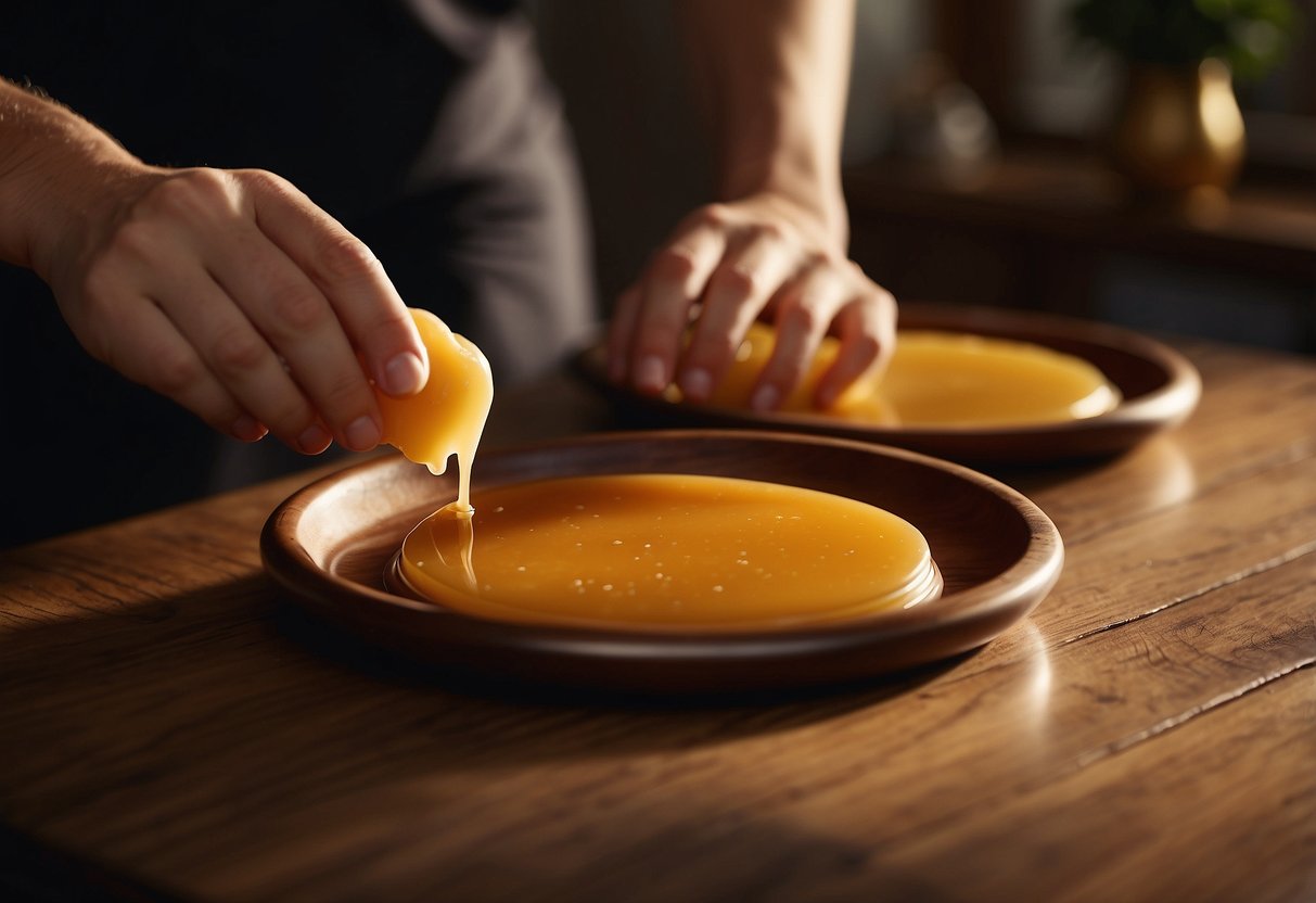 A wooden table is being polished with homemade beeswax polish, with a soft cloth applying the polish in circular motions, leaving a natural shine