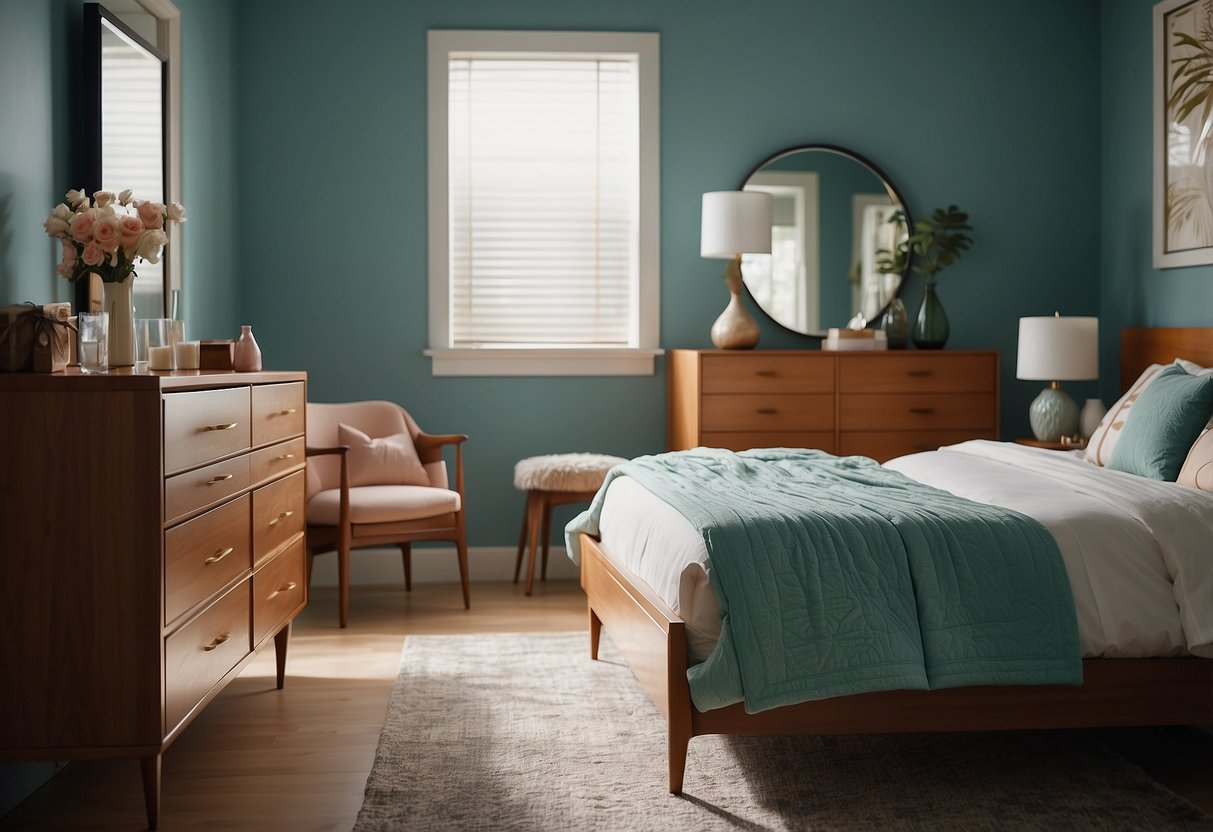 A 1950s bedroom with a sleek, low-profile bed, a matching dresser with clean lines, and a vanity with a large mirror and tapered legs